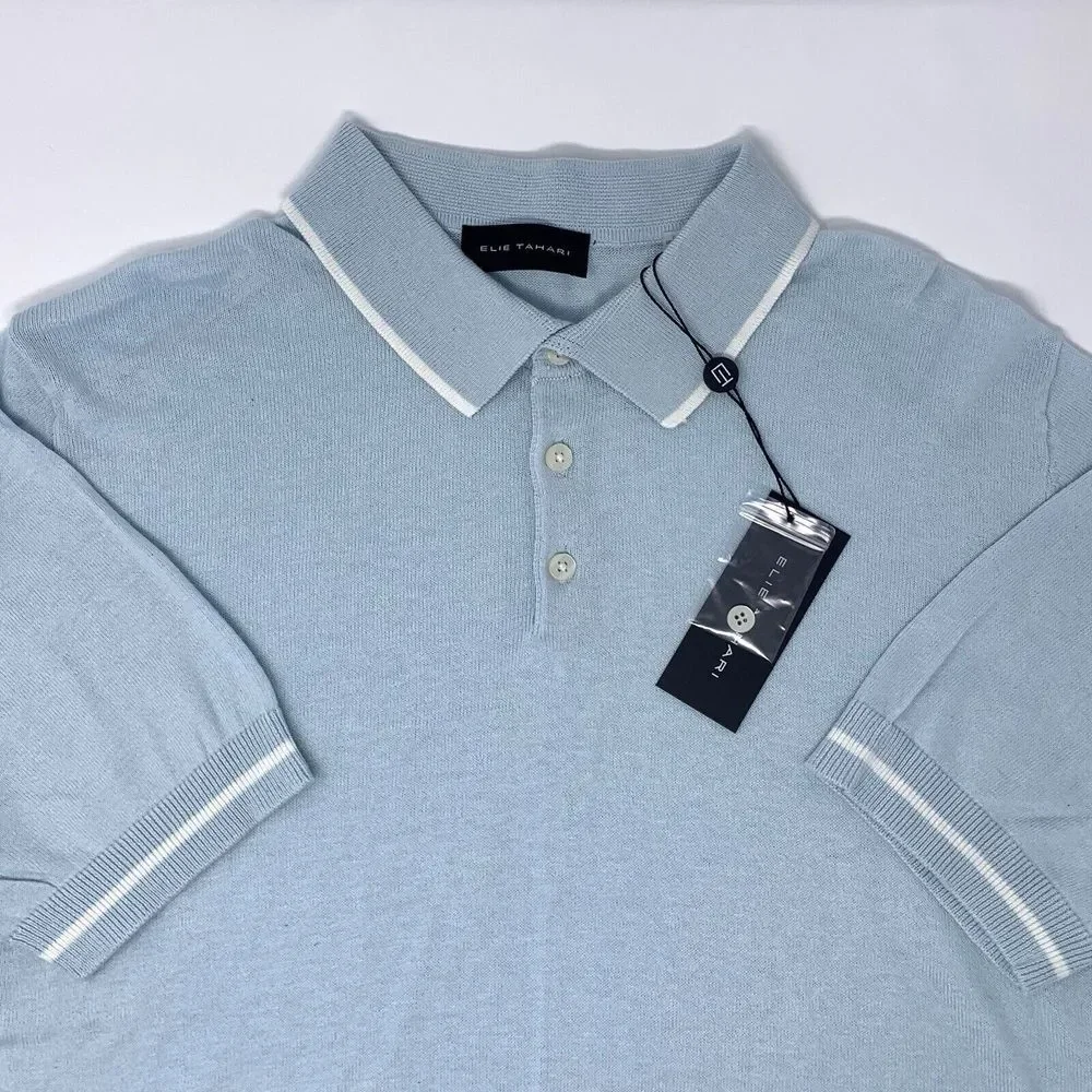 Elie Tahari  Men's Pullover Short Sleeve Blue/White Collared Knit Sweater Size M